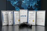 About_us_-_row_of_framed_global_compliance_certificates_including_ISO_9001_FDA_CE_and_amfori_BSCI_next_to_a_black_massage_gun-Pages-Ecozy