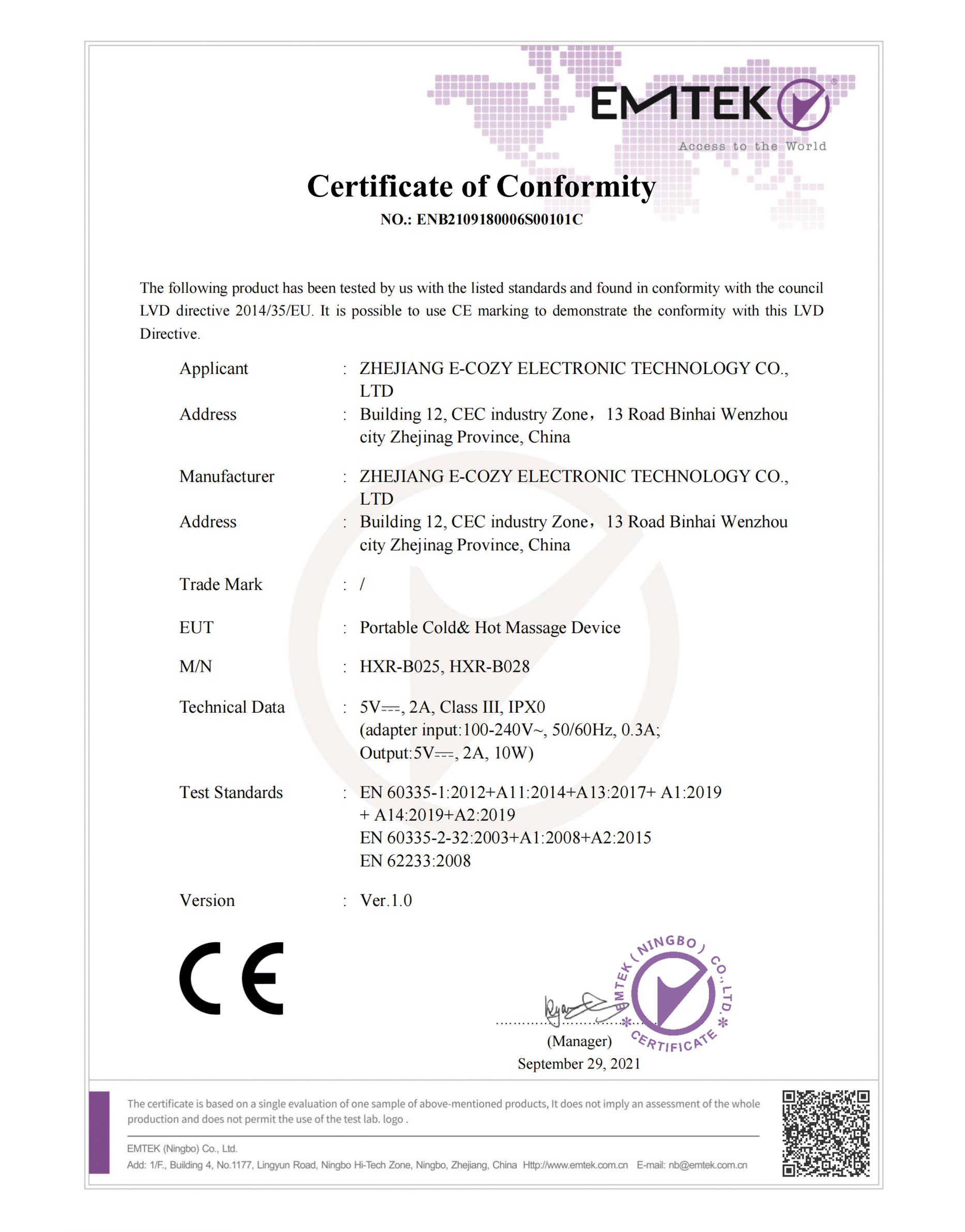ce-Zhejiang E-cozy Electronic Technology Co., Ltd.