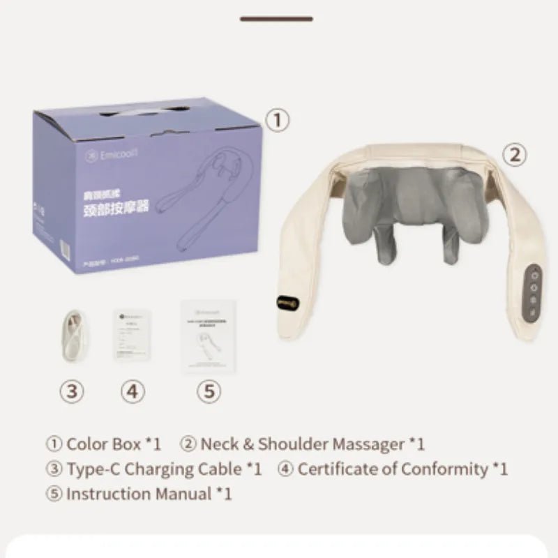 Neck and Shoulder Massager Product packaging set including the massager, box, charging cable, manual, and certificate of conformity.