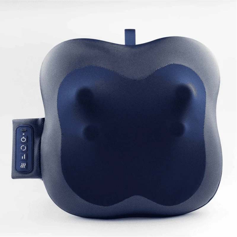 massage pillow Blue and grey massage pillow with a textured outer fabric and a dark blue center.