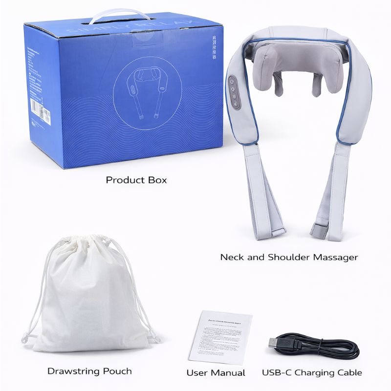 Neck and Shoulder Massager Blue product box shown with neck massager, white drawstring pouch, user manual, and USB-C cable.