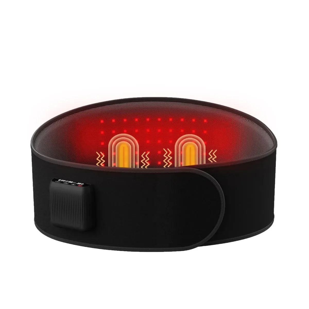 Hot Wave Massage Belt Black massage belt with illuminated red light therapy and heat vibration icons on white background.