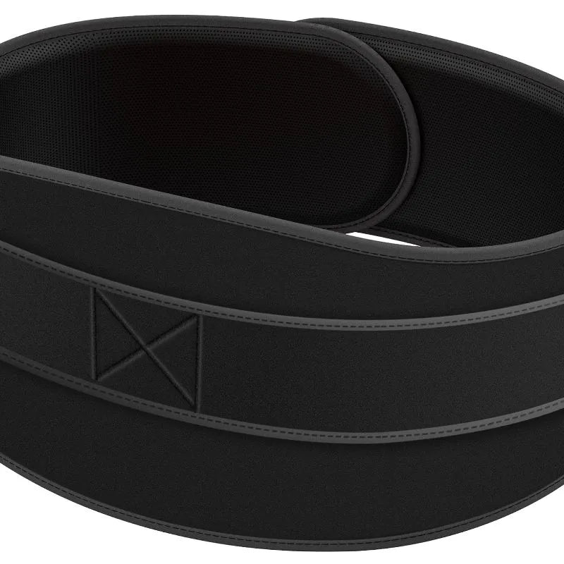 Hot Wave Massage Belt Close-up of black belt exterior showing textured fabric and rectangular reinforced stitching pattern.