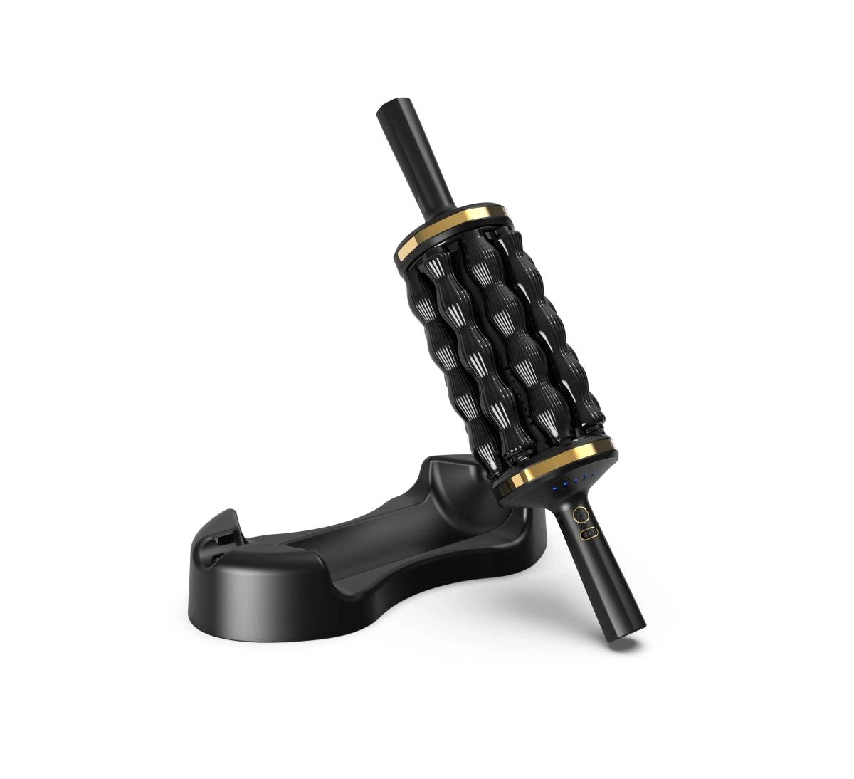 Rolling Percussive Massager Black rolling massager standing upright next to its curved black plastic charging base.
