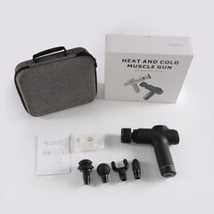 Massage Gun Heat and Cold Massage gun set with gray carrying case, white retail box, manual, and multiple attachments.
