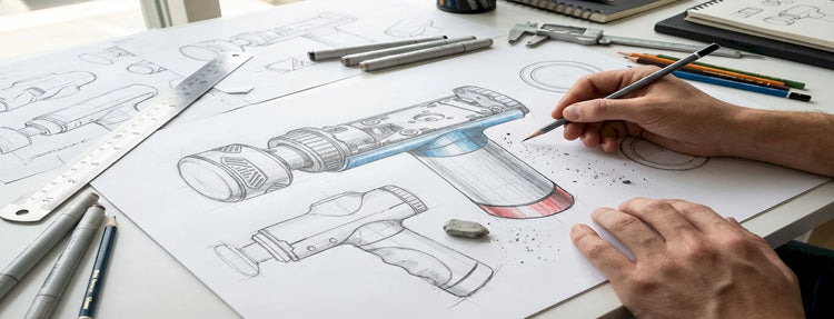 ODM_-_industrial_designer_sketching_massage_gun_product_design_concepts_with_pencils_and_engineering_tools_on_a_desk-Pages-Ecozy