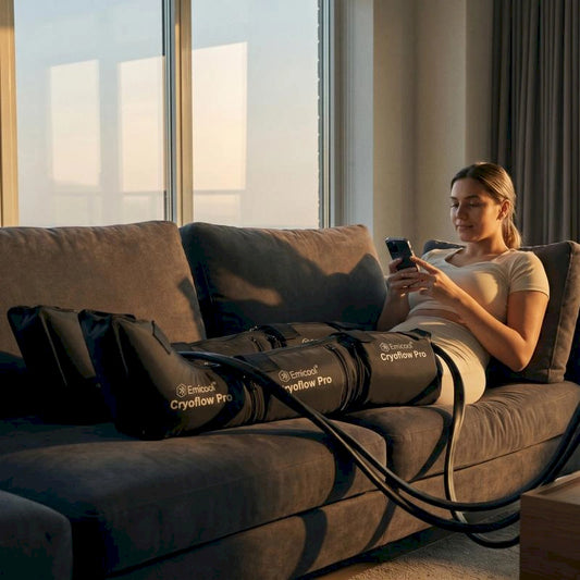 OEM-_woman_relaxing_on_couch_with_M010_air_compression_leg_recovery_boots-Pages-Ecozy
