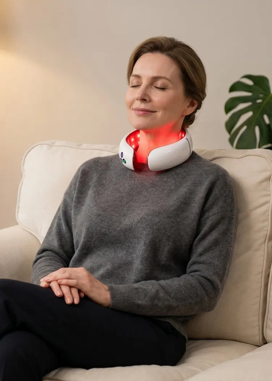 OEM_-_blonde_woman_wearing_E200_red_light_therapy_neck_massager_device_on_sofa-Pages-Ecozy