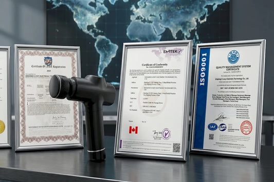 OEM_-_portable_percussion_massage_gun_displayed_next_to_regulatory_compliance_certificates_including_fda_and_iso_9001-Pages-Ecozy