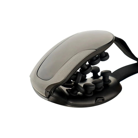 Vibration Hot Compress Eye Massager Close-up side view of a black eye massager showing internal massage nodes and a charging port.