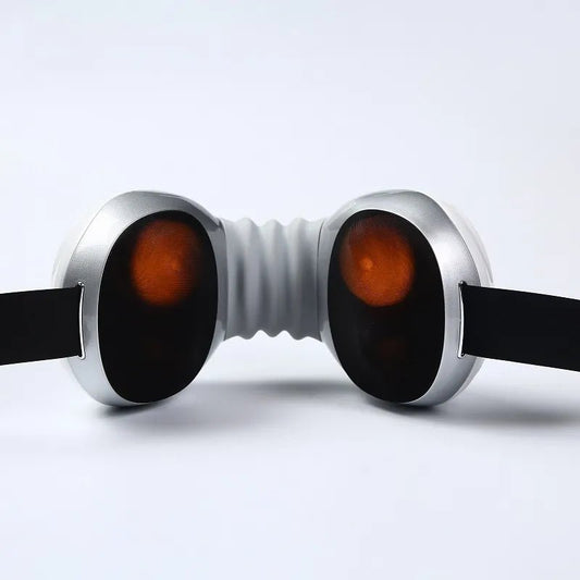 Neck Massager with Heat Rear view of a white neck massager showing two large massage nodes and black straps.