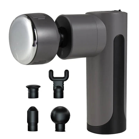 Hot and Cold Supply Massage Gun Grey massage gun with a large silver head shown alongside four different black interchangeable massage attachments.