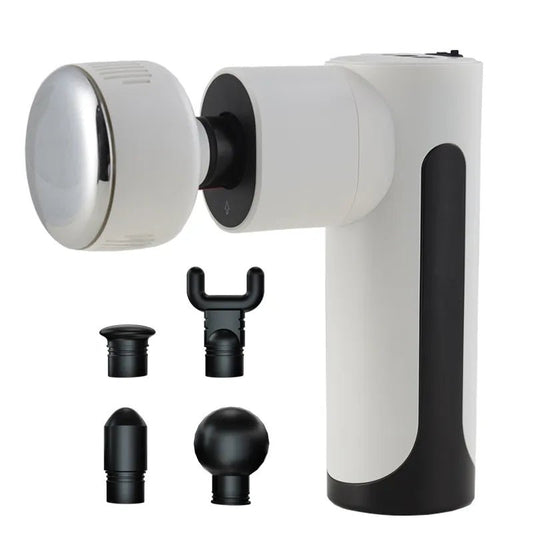 Hot and Cold Supply Massage Gun White massage gun with a large silver head shown alongside four different black interchangeable massage attachments.