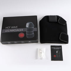 Infrared Hot Wave Leg Massager The leg massager product packaging including the box, wrap, manual, and charging cable.