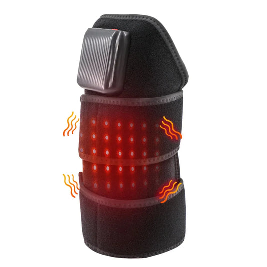 Infrared Hot Wave Leg Massager Black infrared leg massager wrap shown upright with red light therapy diodes glowing.