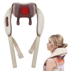 Neck and Shoulder Massager Composite image showing a neck massager with heat function and a woman using the device.