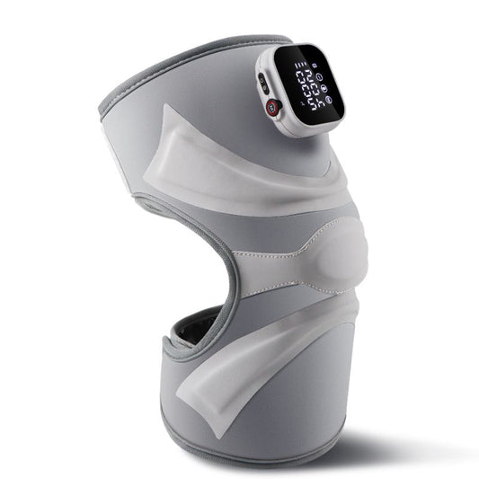 Knee Massager with Heat Light grey knee massager wrap featuring a digital control unit displayed at a 45-degree angle.