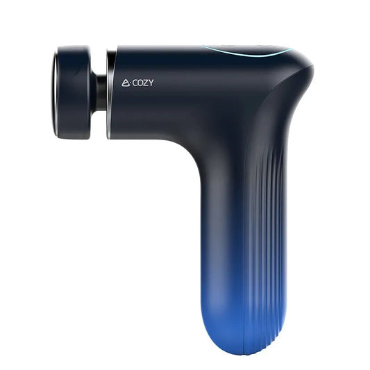 Mini Thermal Fascia Gun Side view of a dark blue and light blue gradient handheld massage gun on white background.