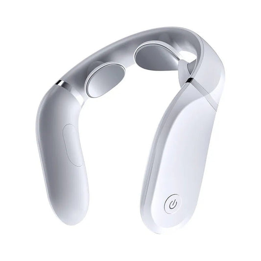 Massage Neck Massager Devices Sleek white U-shaped electronic neck massager with internal electrode pads and a power button.